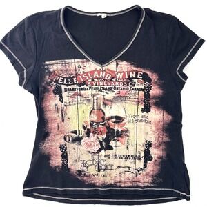 Womens Large Wine Rose All Over Print T-Shirt Embellished USA Y2K Black Romantic